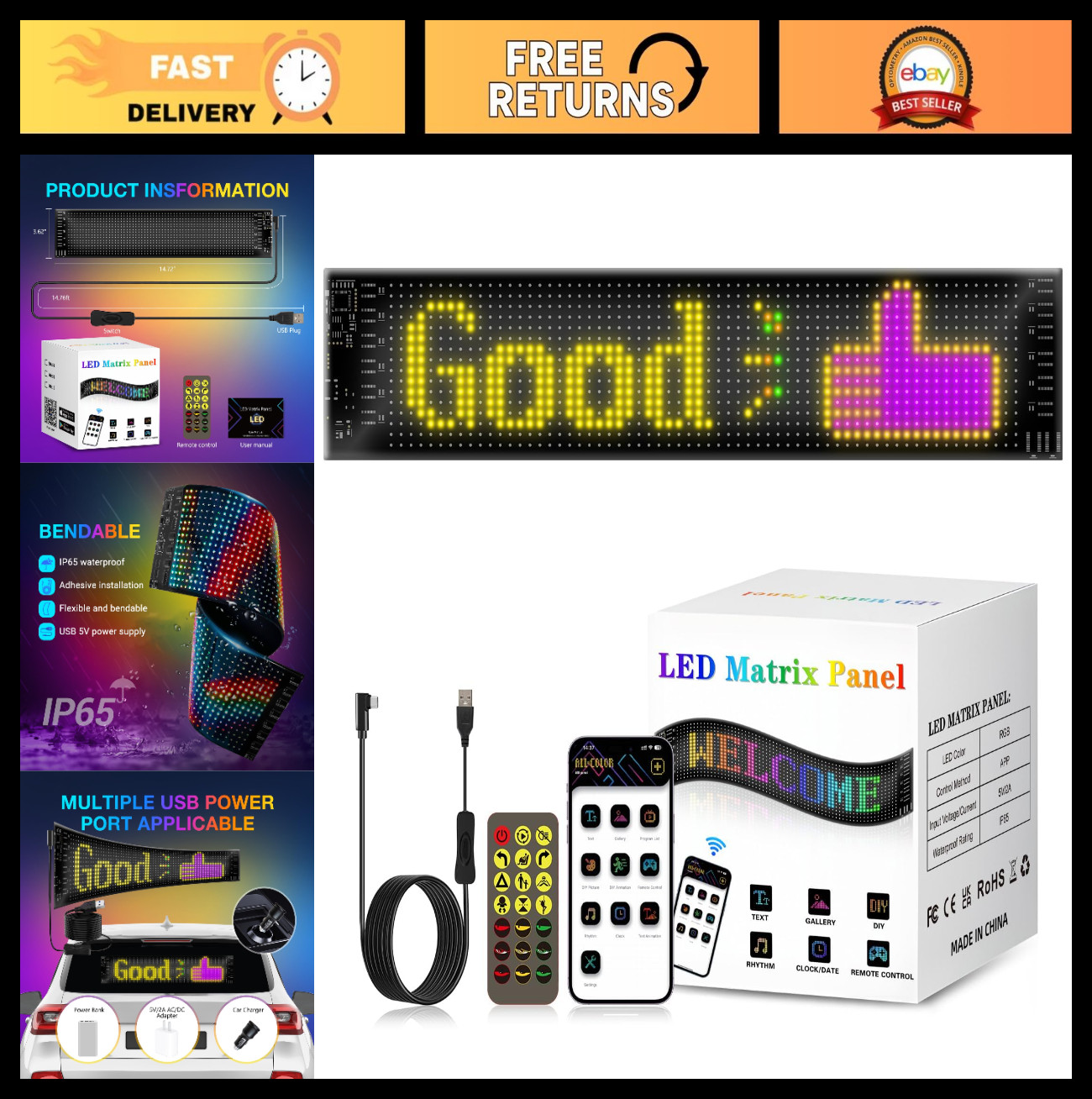 15″x4″ Programmable LED Scrolling Sign – Bluetooth RGB Display Panel for Custom