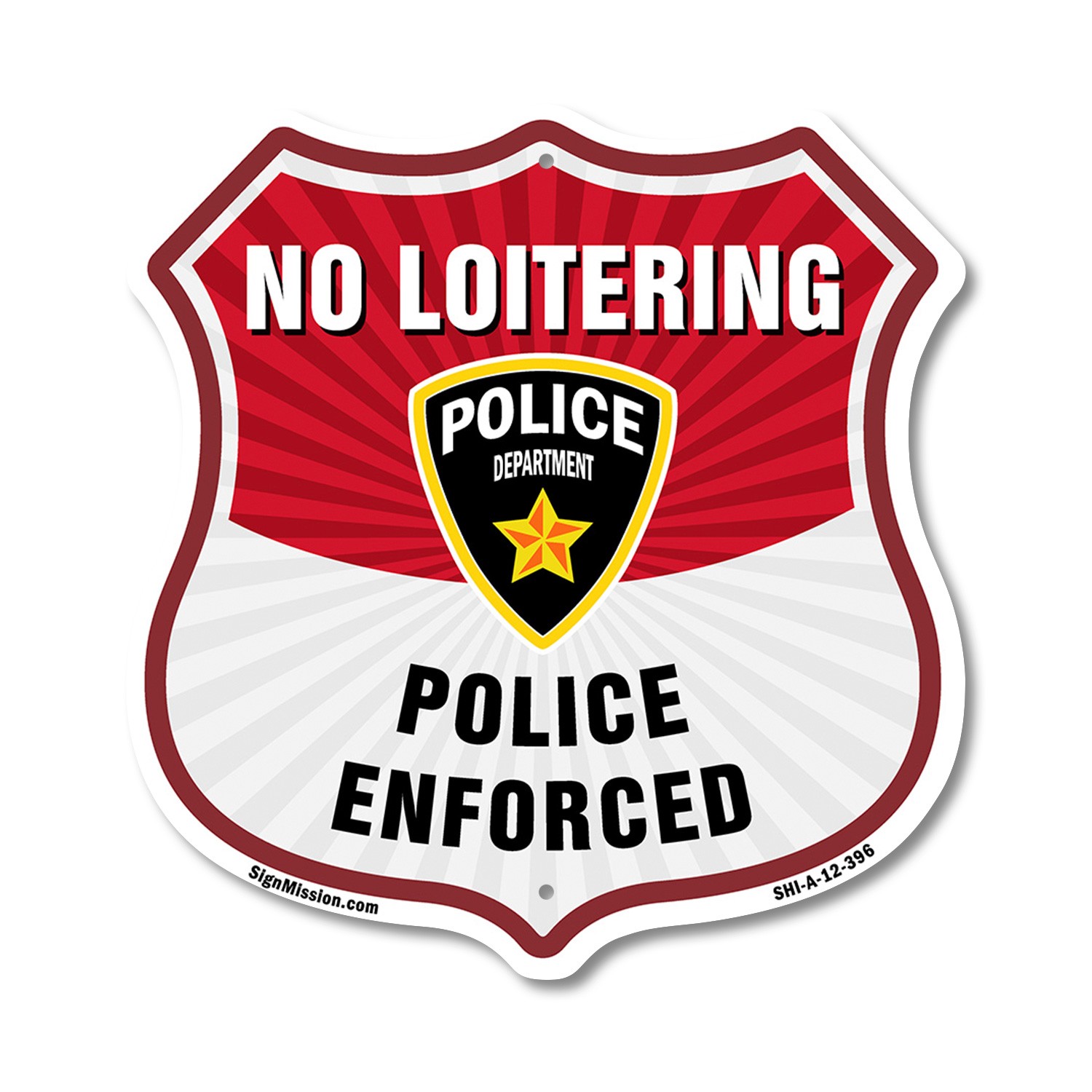 No Loitering Shield Sign Police Enforced. Police Department Shield Shaped Sign