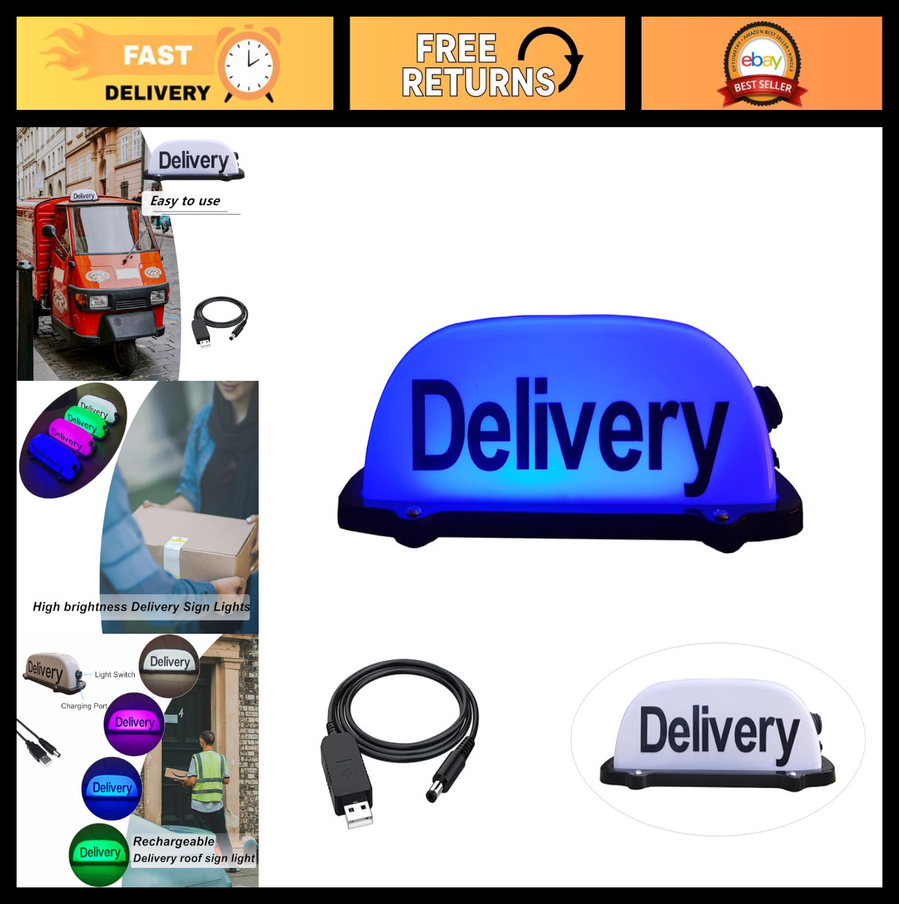 USB Rechargeable Delivery Sign Light – Magnetic Waterproof Car Roof Top Sign (Bl