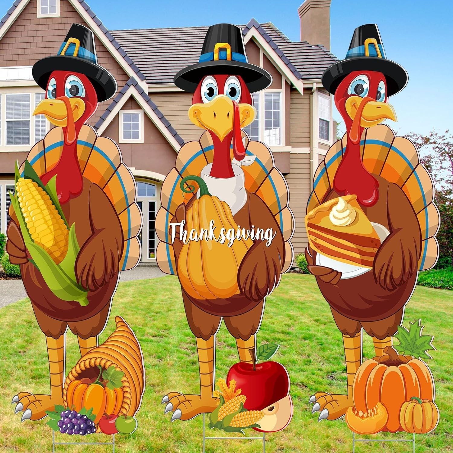 3 Pcs Thanksgiving Yard Signs with Colorful Turkey Designs – 32 x 10 Inch Decor