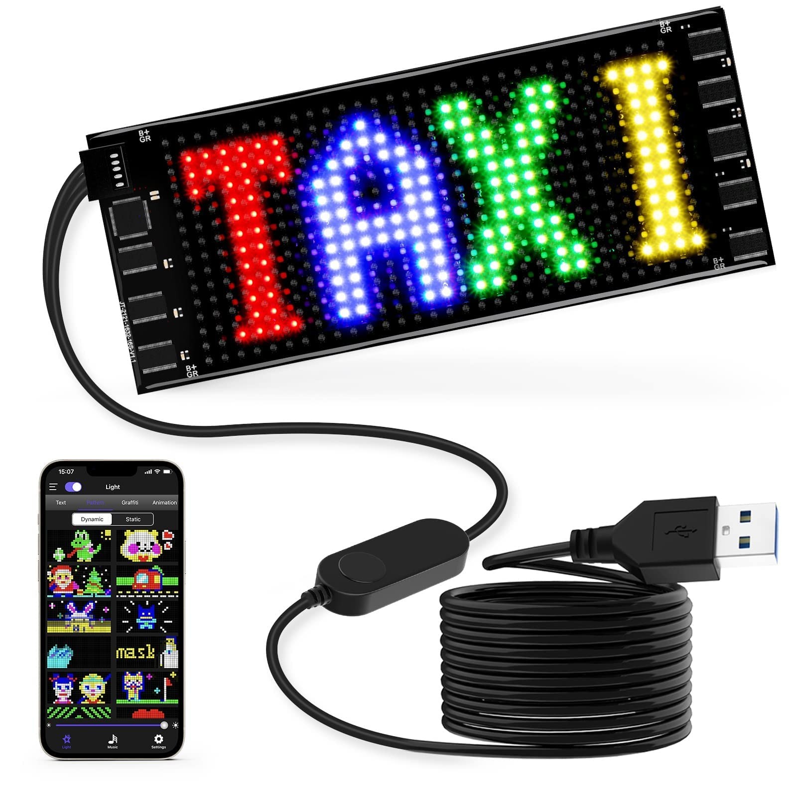 LED Sign for Car 7×3 Inch Flexible LED Matrix Panel USB 5V Bluetooth