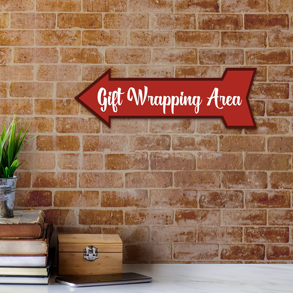 Arrow Shape Plus Gift Wrapping Area 12×4″ Wall or Door Sign | Christmas