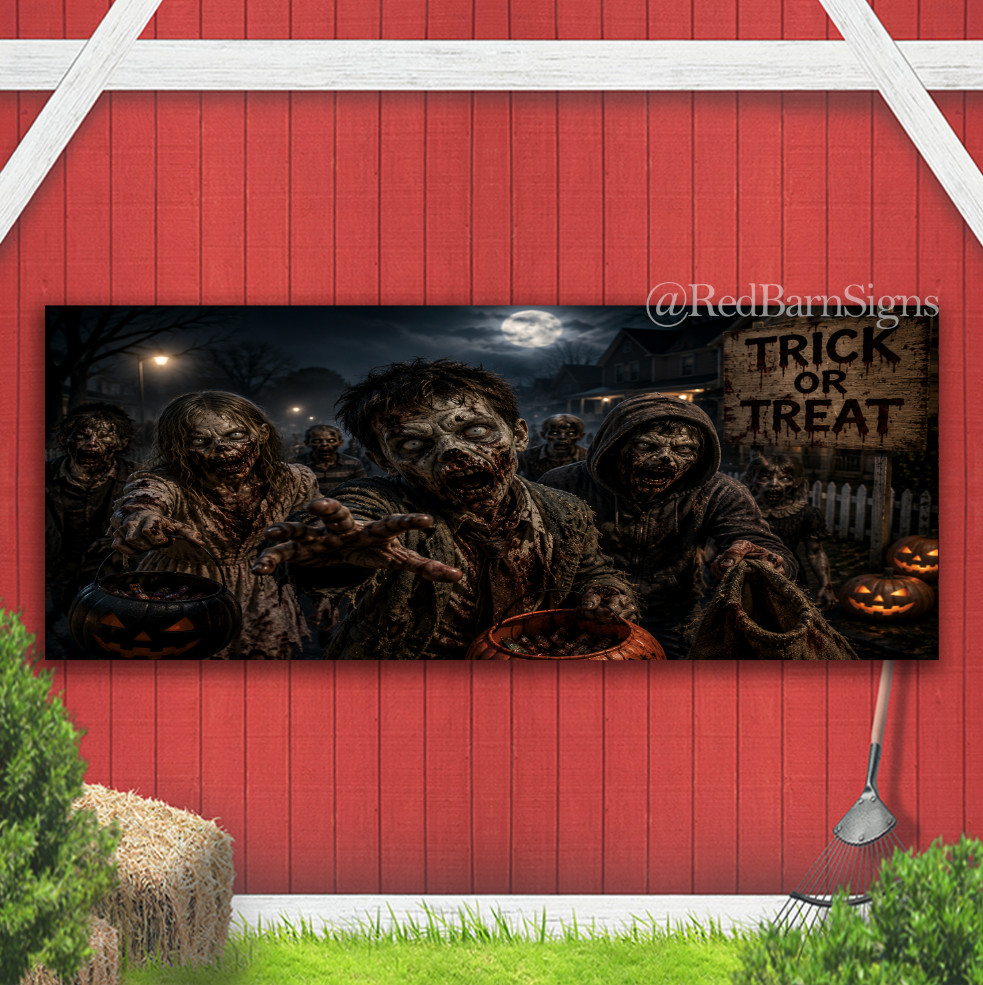 Undead Trick-or-Treaters on a Foggy Night Indoor Outdoor Banner Sign