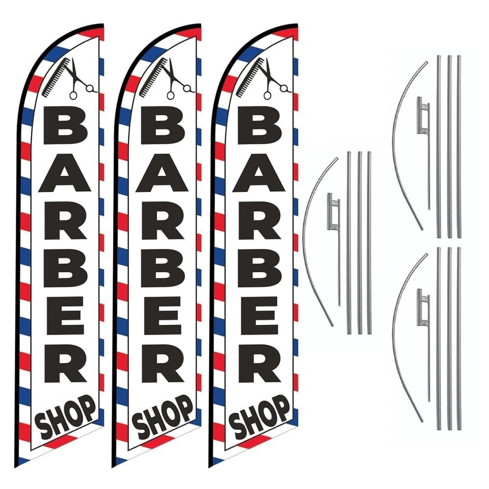 Pack 3 BARBER SHOP Feather Flags Tall Swooper Full Sleeve Banners Includes 15…