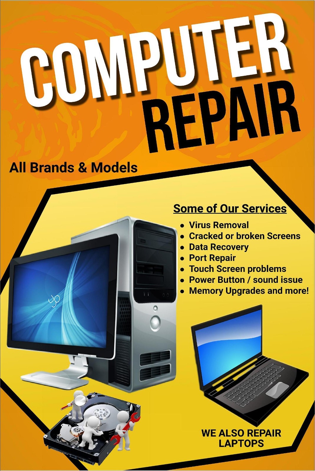 Computer Repair All Brands and models Laptop repair Advertising Poster Sign