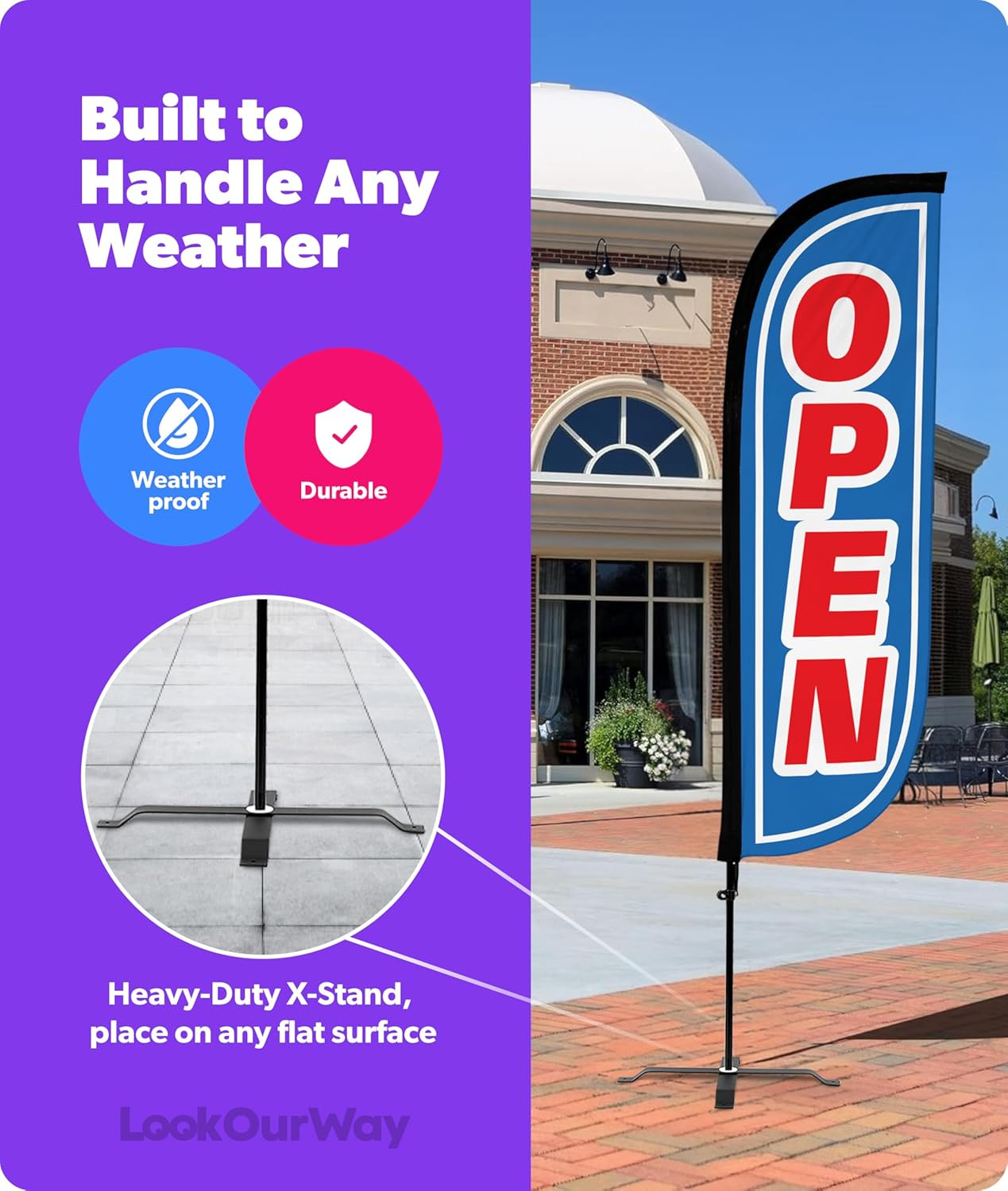5Ft Feather Flag Set with Pole Kit & X-Stand – Open Blue/Red Business Banner