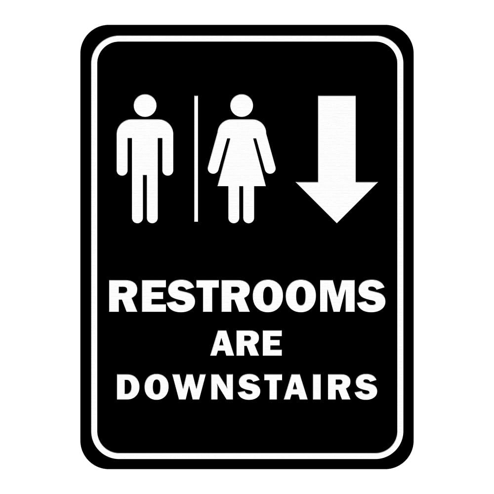 Large Portrait Round Restrooms Are Downstairs Sign Black Bathroom Door Marker