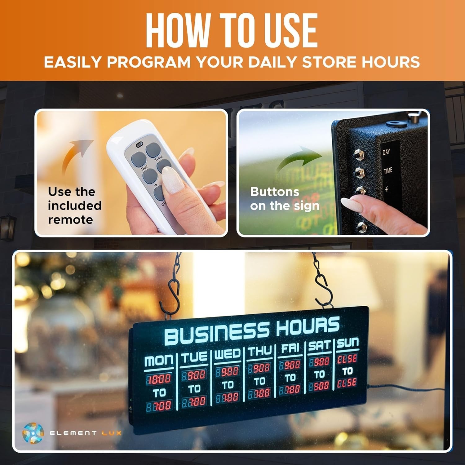 Digital Business Hours Sign by ELEMENT LUX – Electronic Programmable Hours of Op