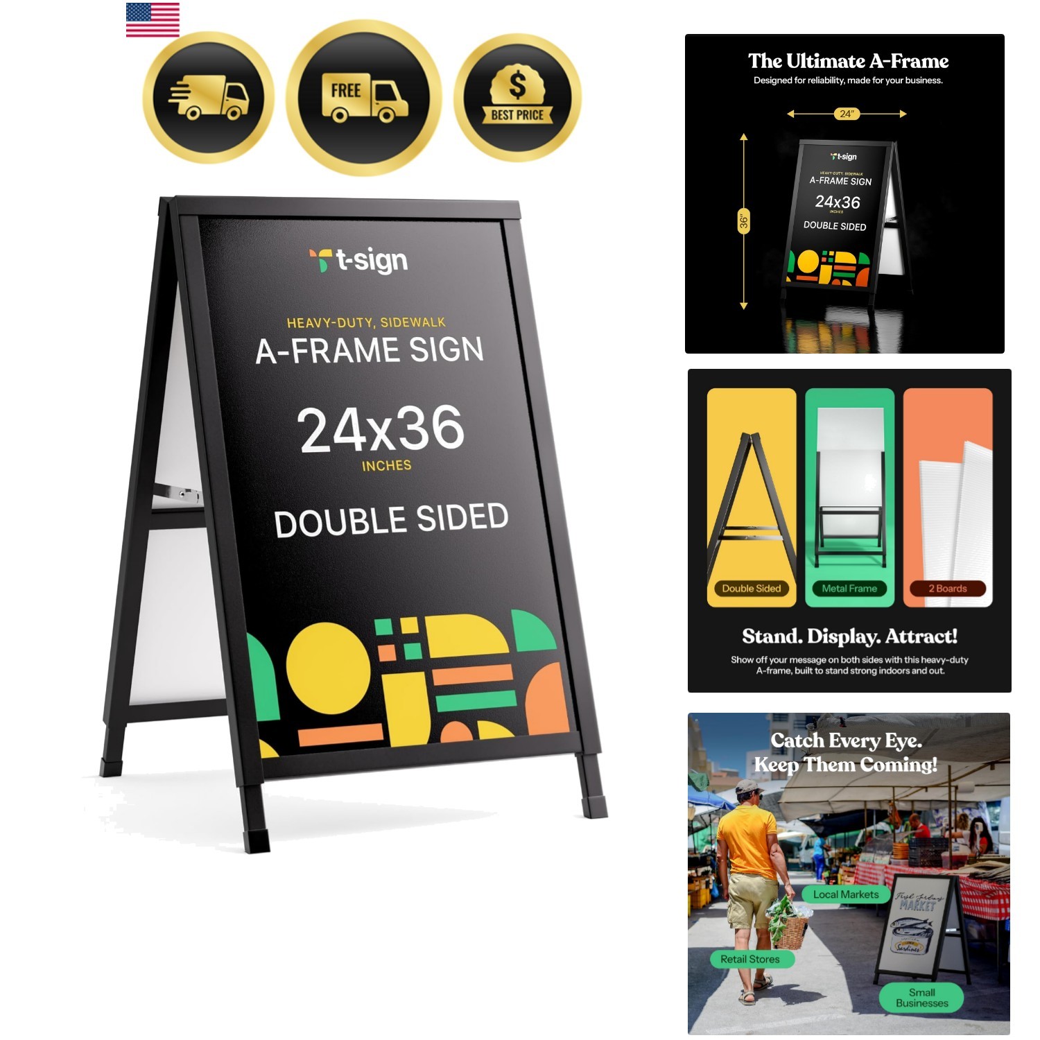 Outdoor A-Frame Sidewalk Sign 24×36 Inch Sandwich Board, Black Coated Steel M…