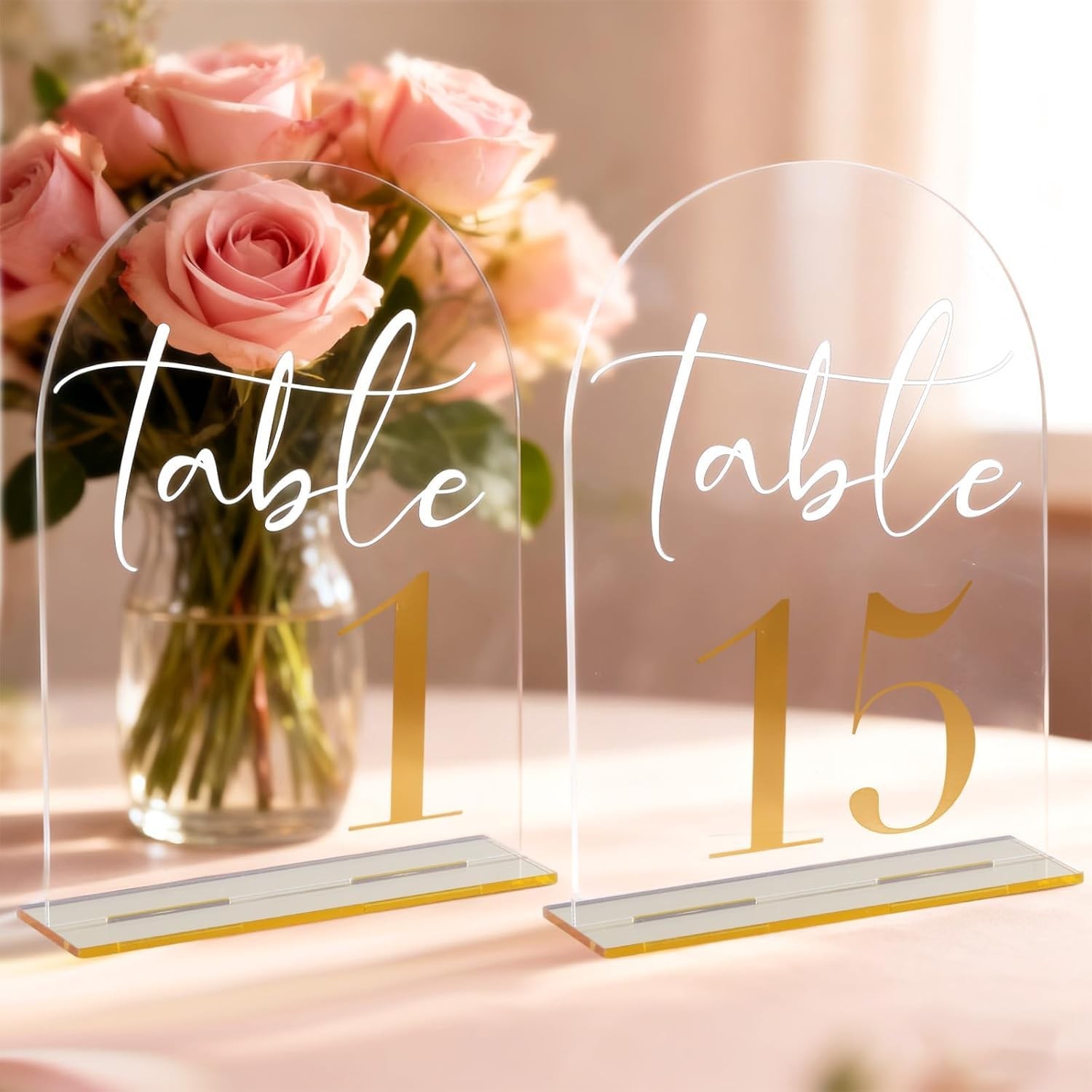 Arch Wedding Table Numbers 115 With Stands Clear Acrylic Signs 7×5 Inch Gold