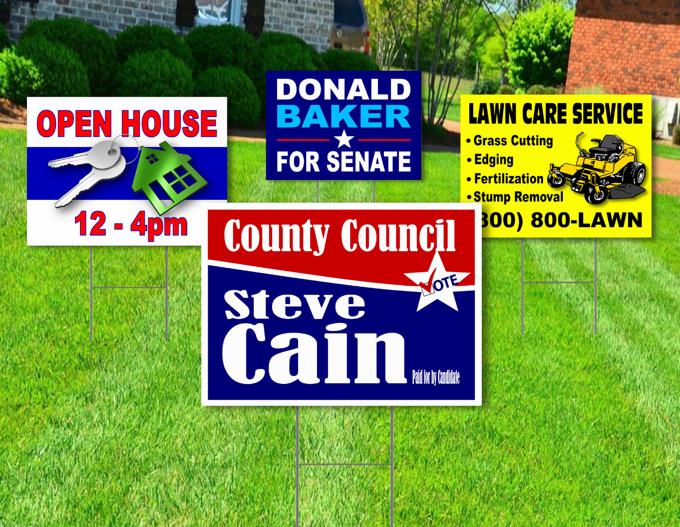 25 – 18×24 Yard Signs – Custom Design – Full Color – 2 Sided – Stakes Included!