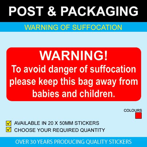 20 x 50mm Permanent – Red – Warning Danger Of Suffocation Stickers / Labels