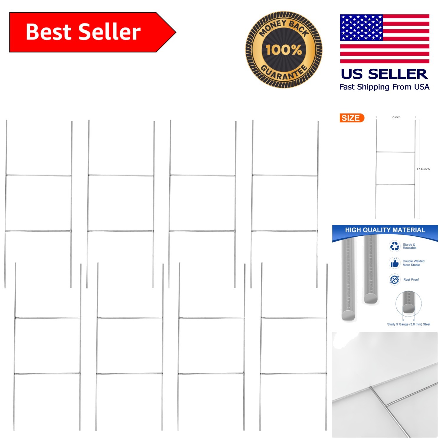 8 Heavy Duty Metal H-Stakes for 4mm Signs – 17.4” x 7” Weatherproof Support