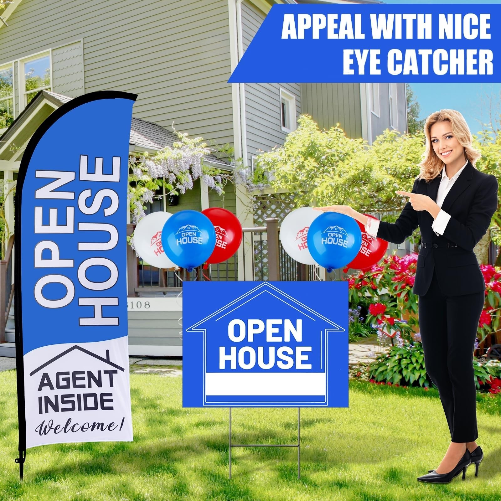Open House Signs Set – 36 Pcs, Yard Flag Kit, Directional Arrows & Balloons