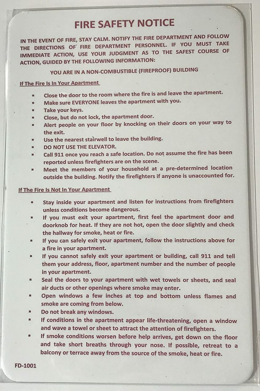 HPD”Fire Safety Notice” Sign- Fire Proof Building (Aluminum Sign…..REF24-1027