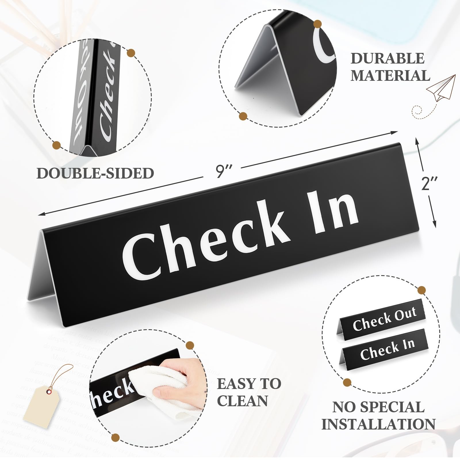 2 PCS Check In Check Out Sign 2×9 Inch Acrylic V Shaped Desk Counter Signage