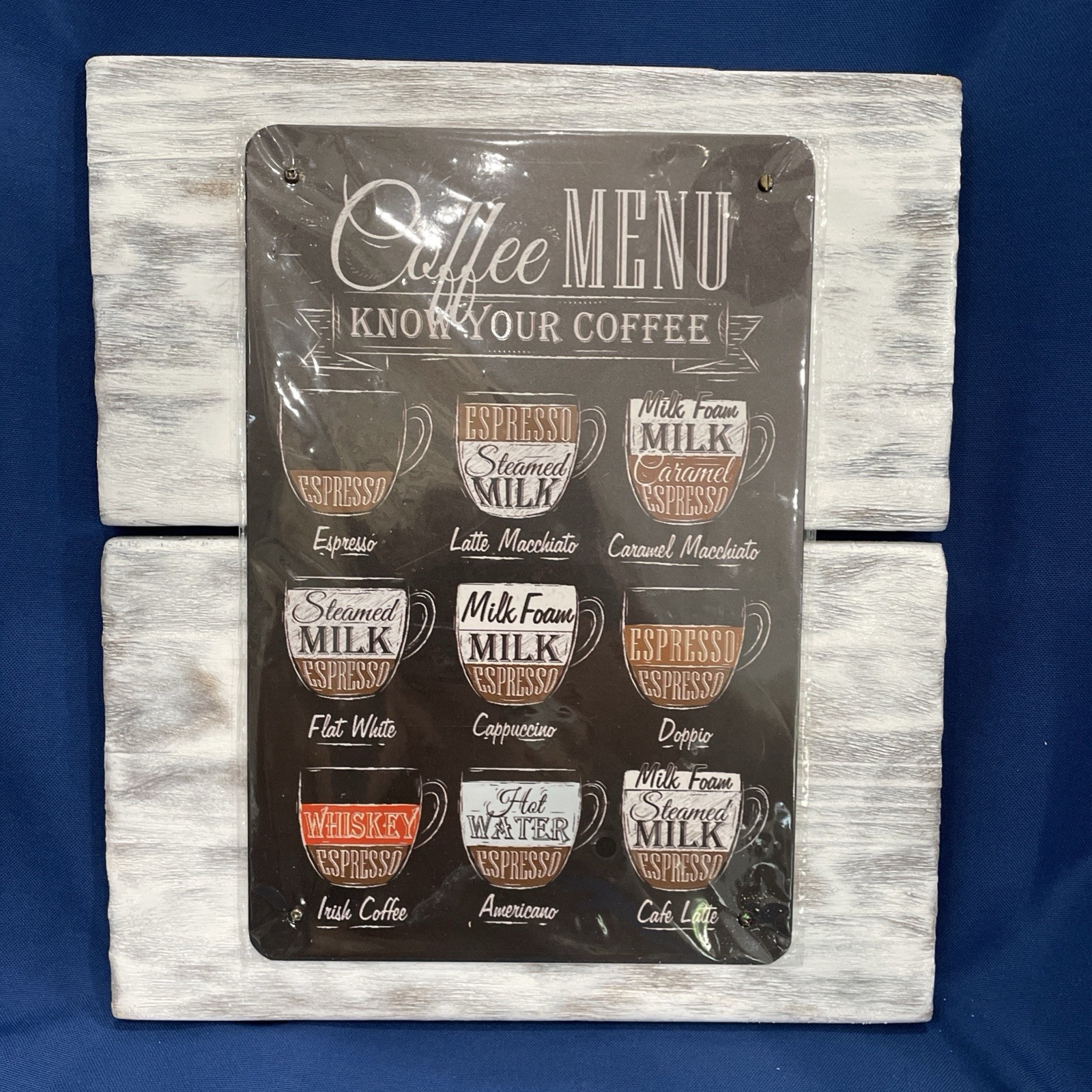Coffee Menu Vintage Sign Latte Macchiato, Café Latte, Doppio Metal Sign Mounted