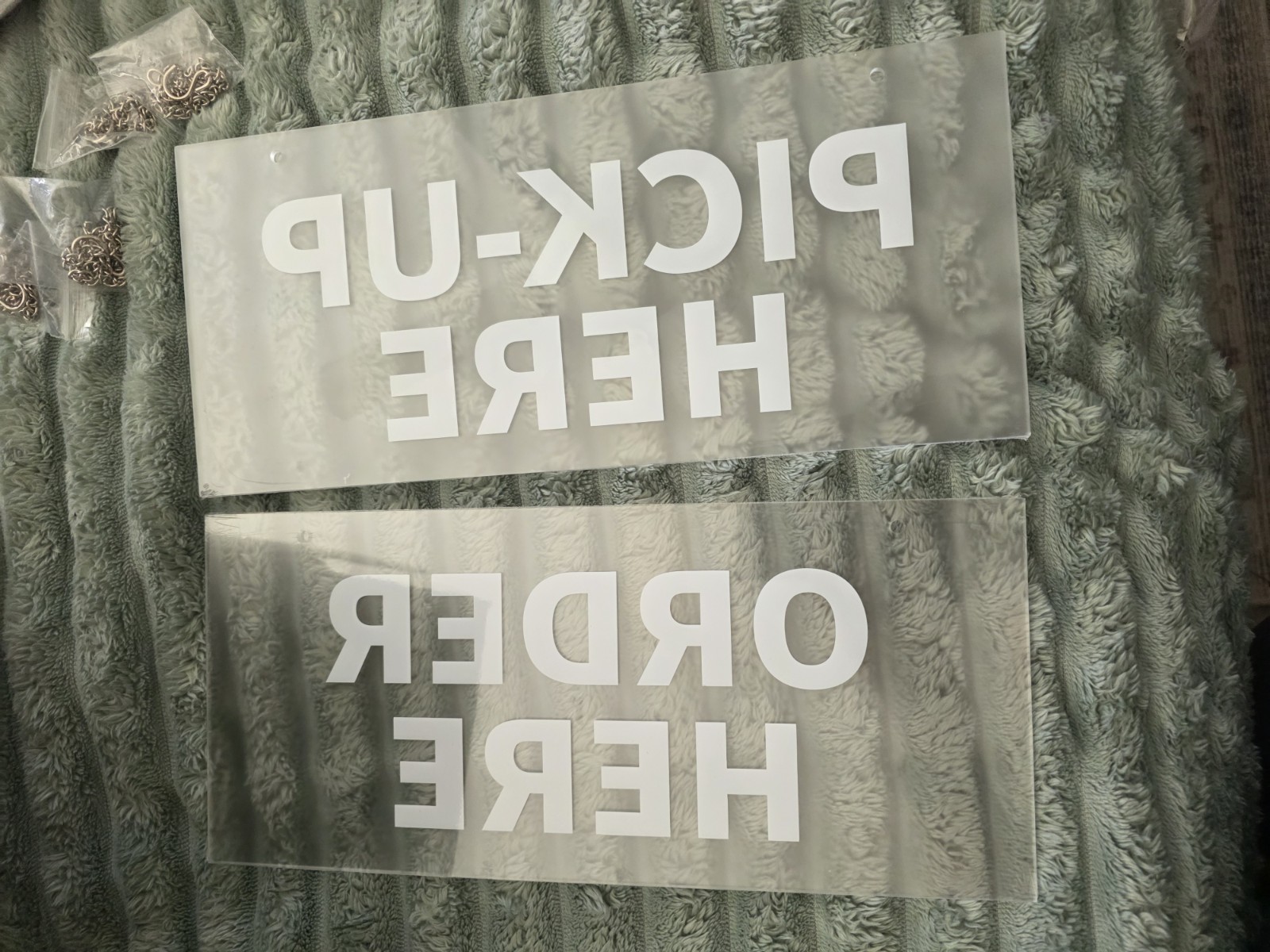 Acrylic order and pick up here signs chains included 14×6″