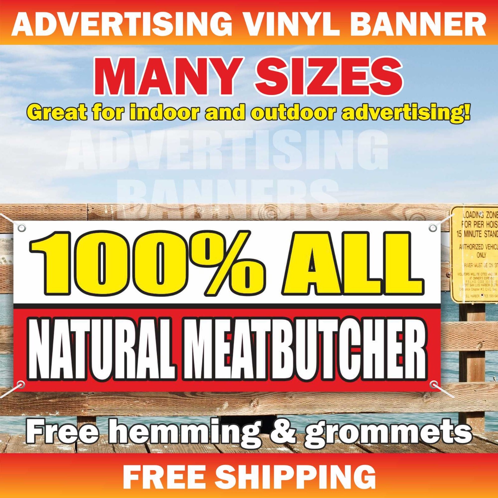 100% ALL NATURAL MEAT BUTCHER Advertising Banner Vinyl Sign fair food carnival