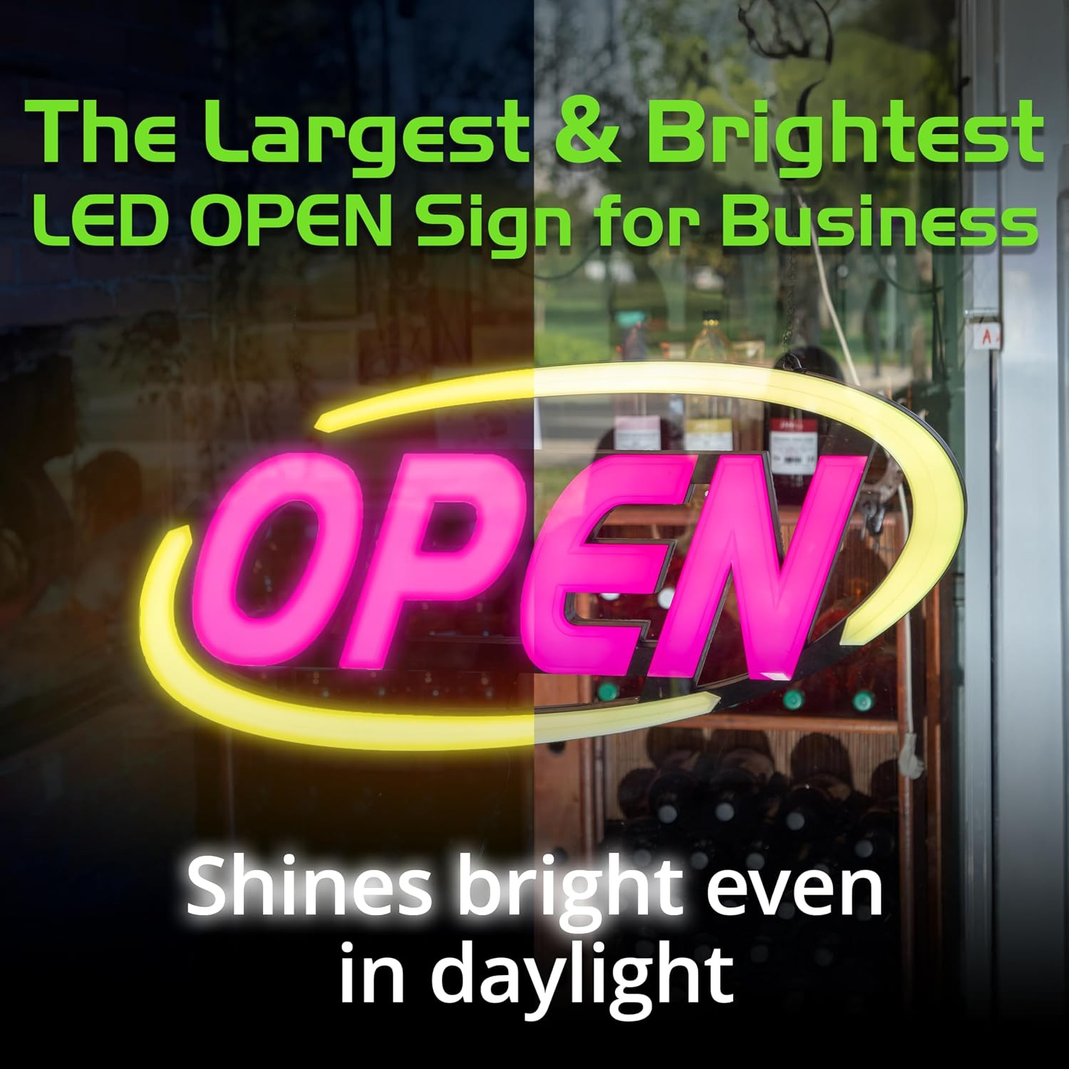 Super-Bright LED Open Sign for Business 15X32 in – 64 Color Combos via Bluetooth