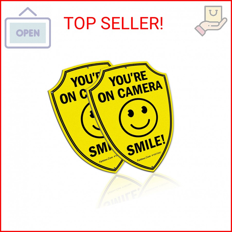 Faittoo Smile You’re On Camera Sign, Video Surveillance Signs Outdoor, 2-Pack, 9