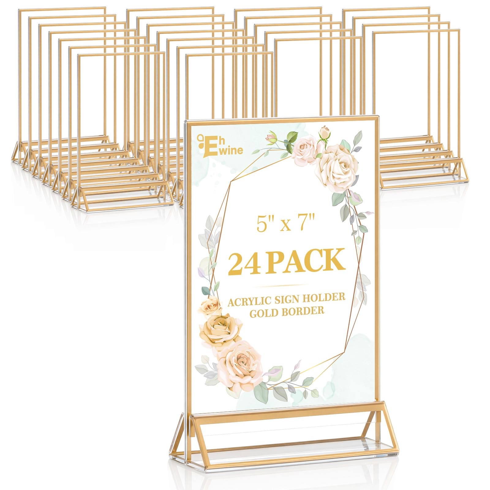 EHWINE 24 Pack Acrylic Sign Holder 5 x 7, Double Sided Gold Picture