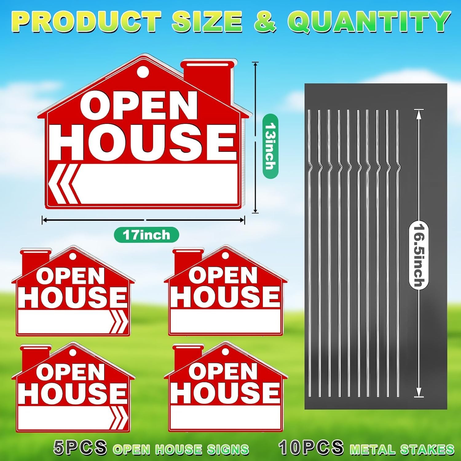 Open House Signs for Real Estate, 5 Packs 17″ x 13″ Large Double Sided Yard S…