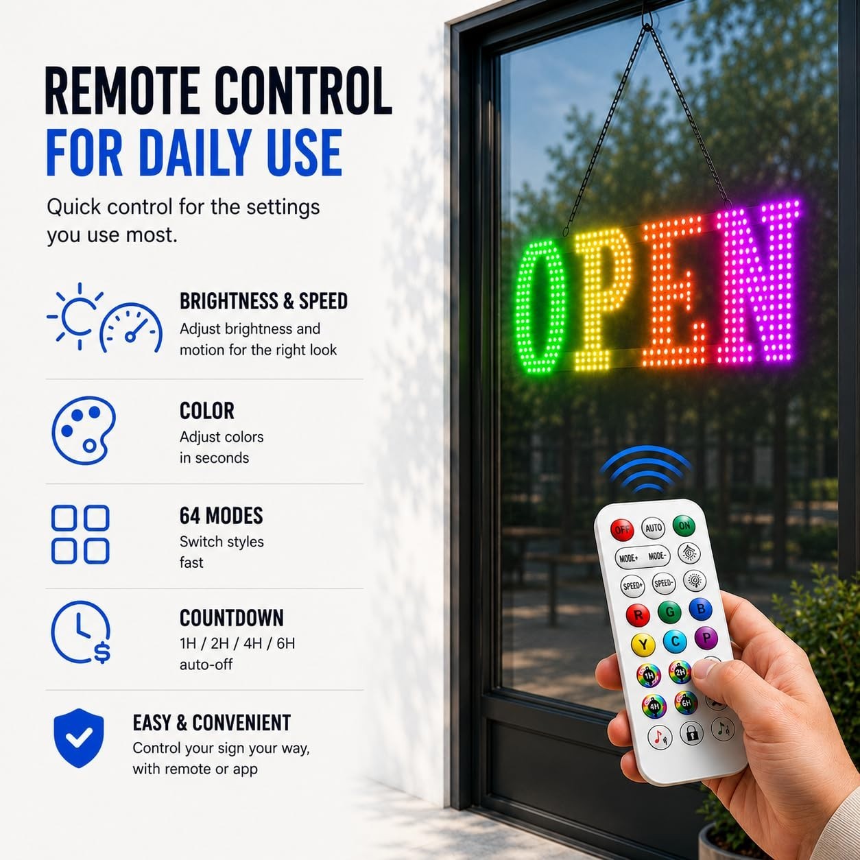 36″x12″ LED Open Sign – Smart App Control, Timer, Custom Colors & Brightness – H