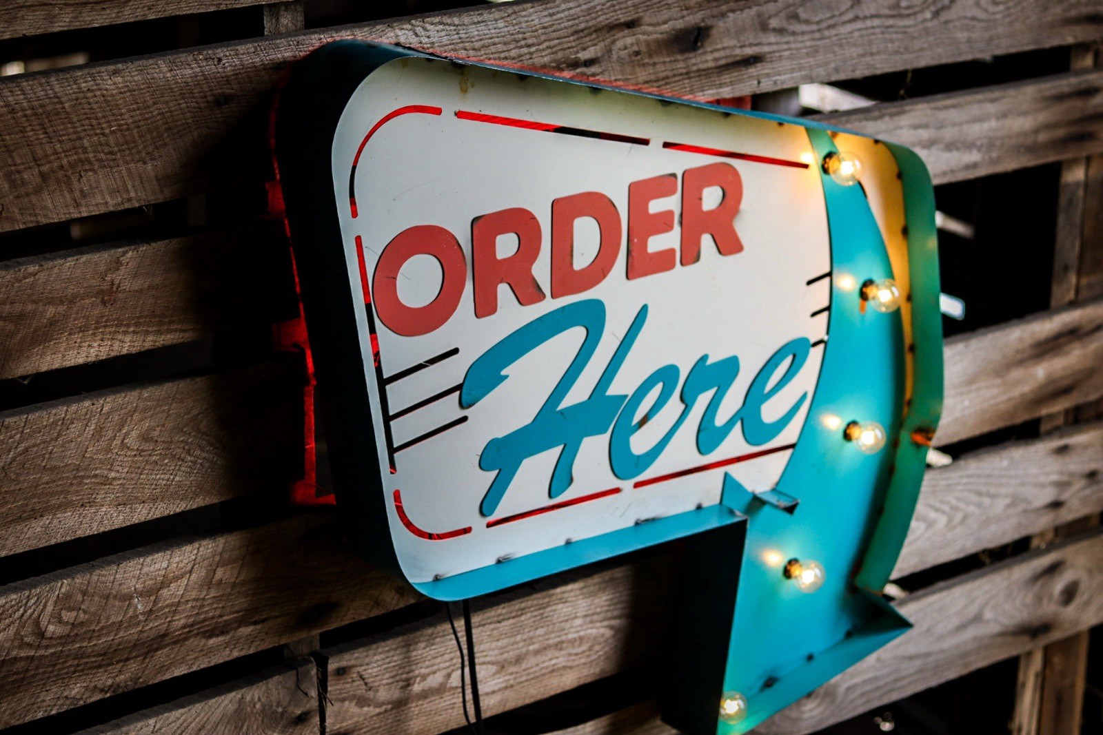 Mid-Century Order Here Diner Sign, Restaurant Diner Marquee Light Up Arrow