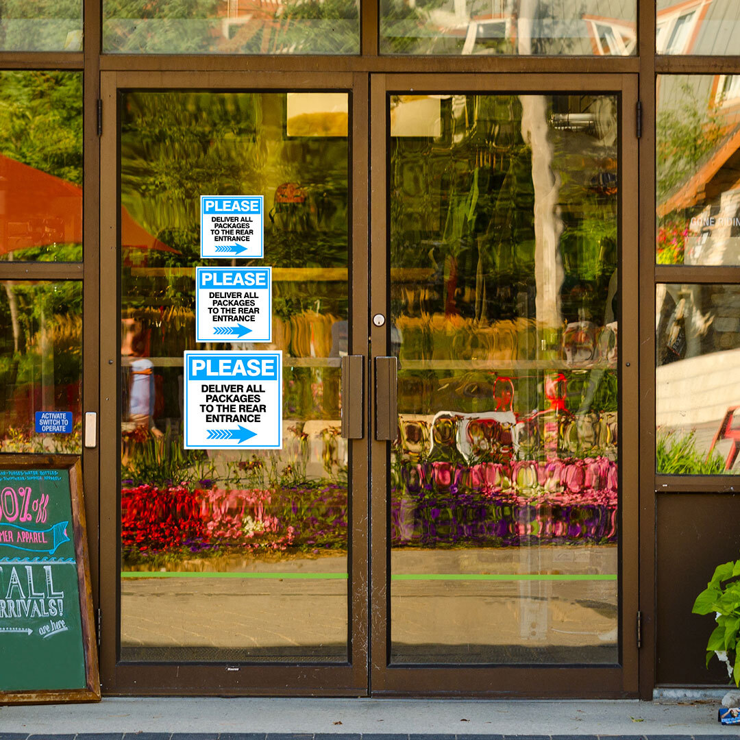 Square Plus Please Deliver All Packages To The Rear Entrance Right Arrow Sign