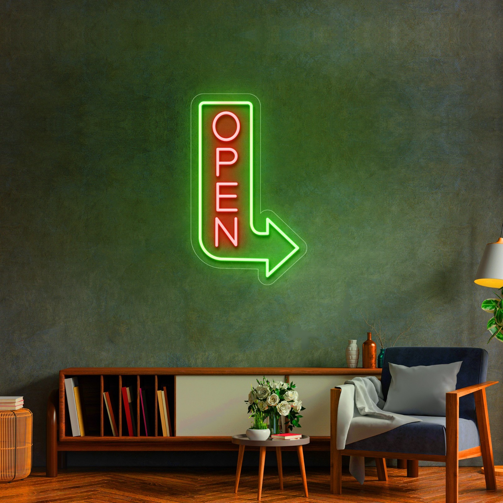 Vertical Open Arrow Sign to the Right, Outside Door Lights Pointing Arrow Sign