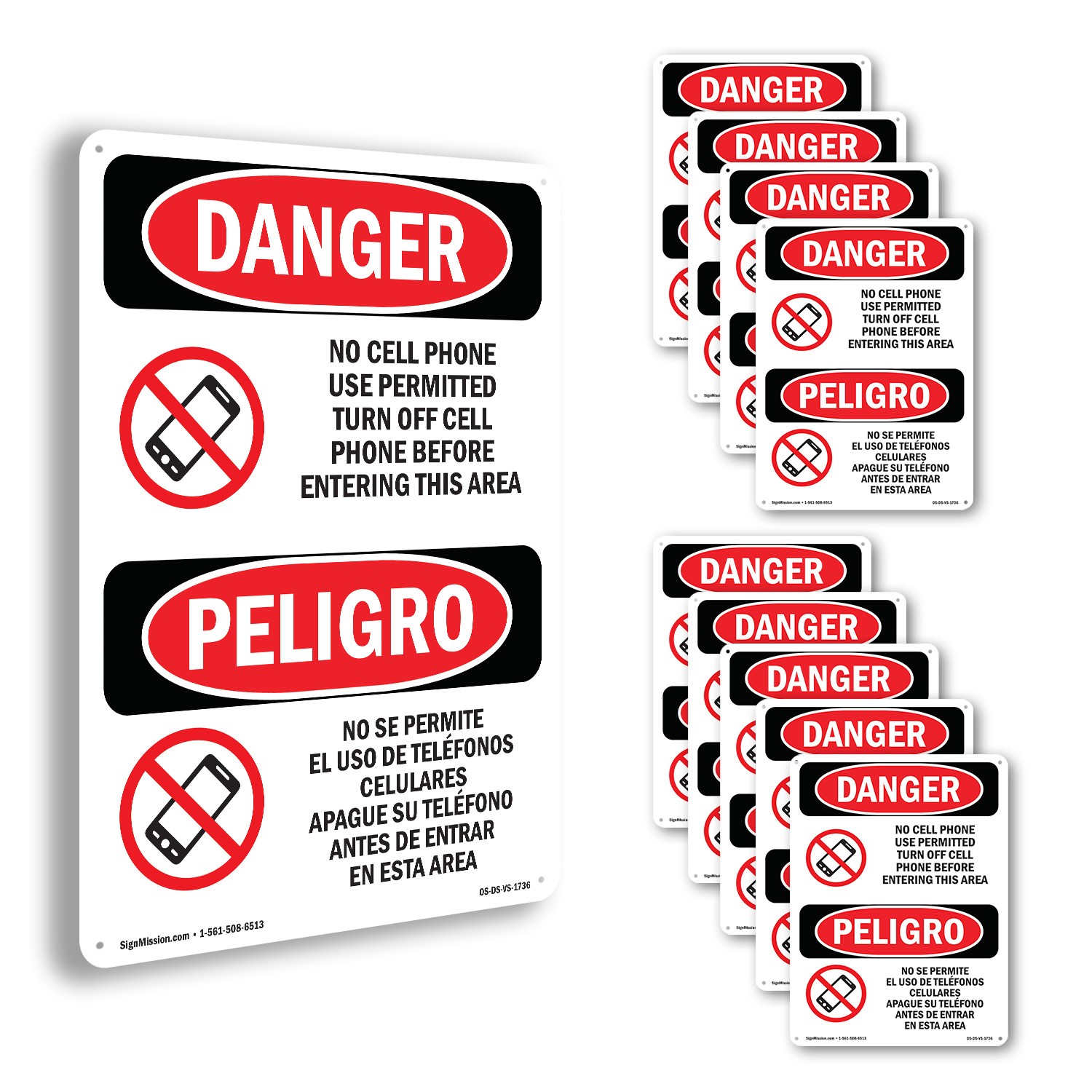 No Cell Phone Use In Area Bilingual OSHA Danger Sign Or Decal – 5 or 10 Pack