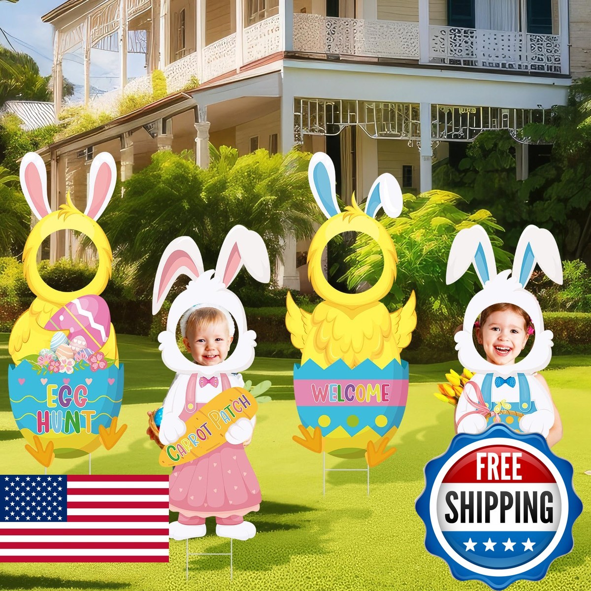 Chunful 4 Pcs Easter Bunny Chick Lawn Sign with Stakes Waterproof Garden Decor