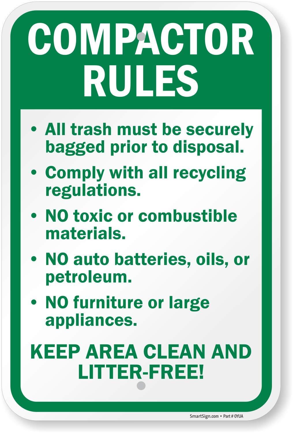 12″x18″ Aluminum “Compactor Rules – Keep Area Clean and Litter Free” Sign