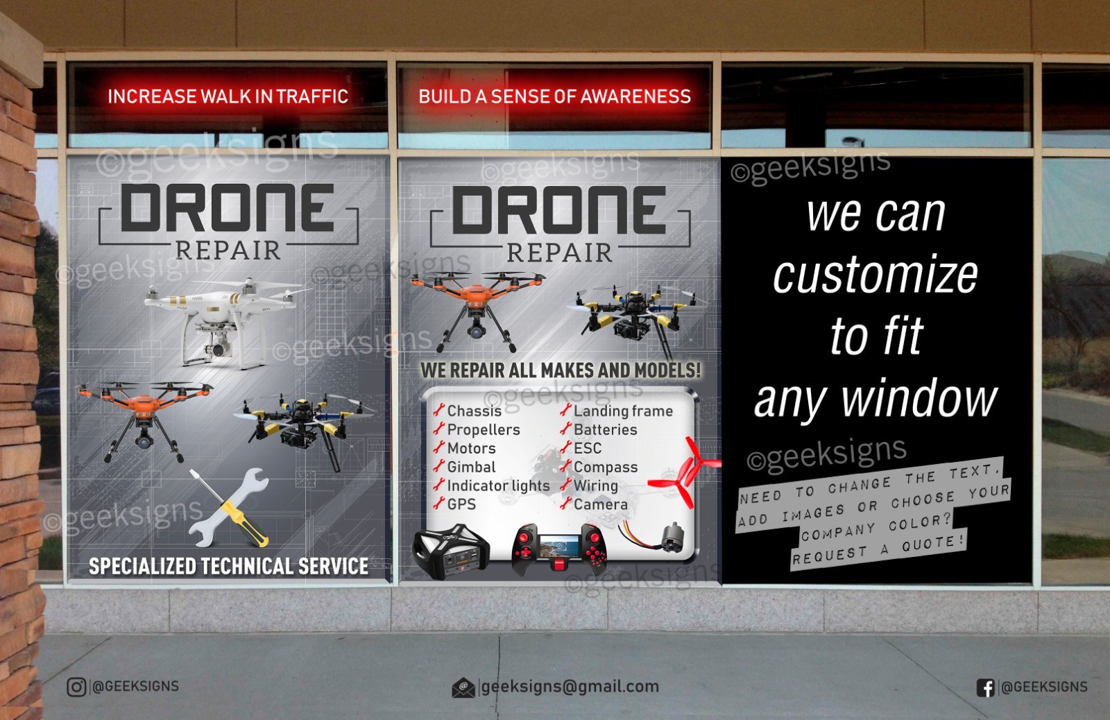 Drone repair service parts retail window graphics decal sign banner