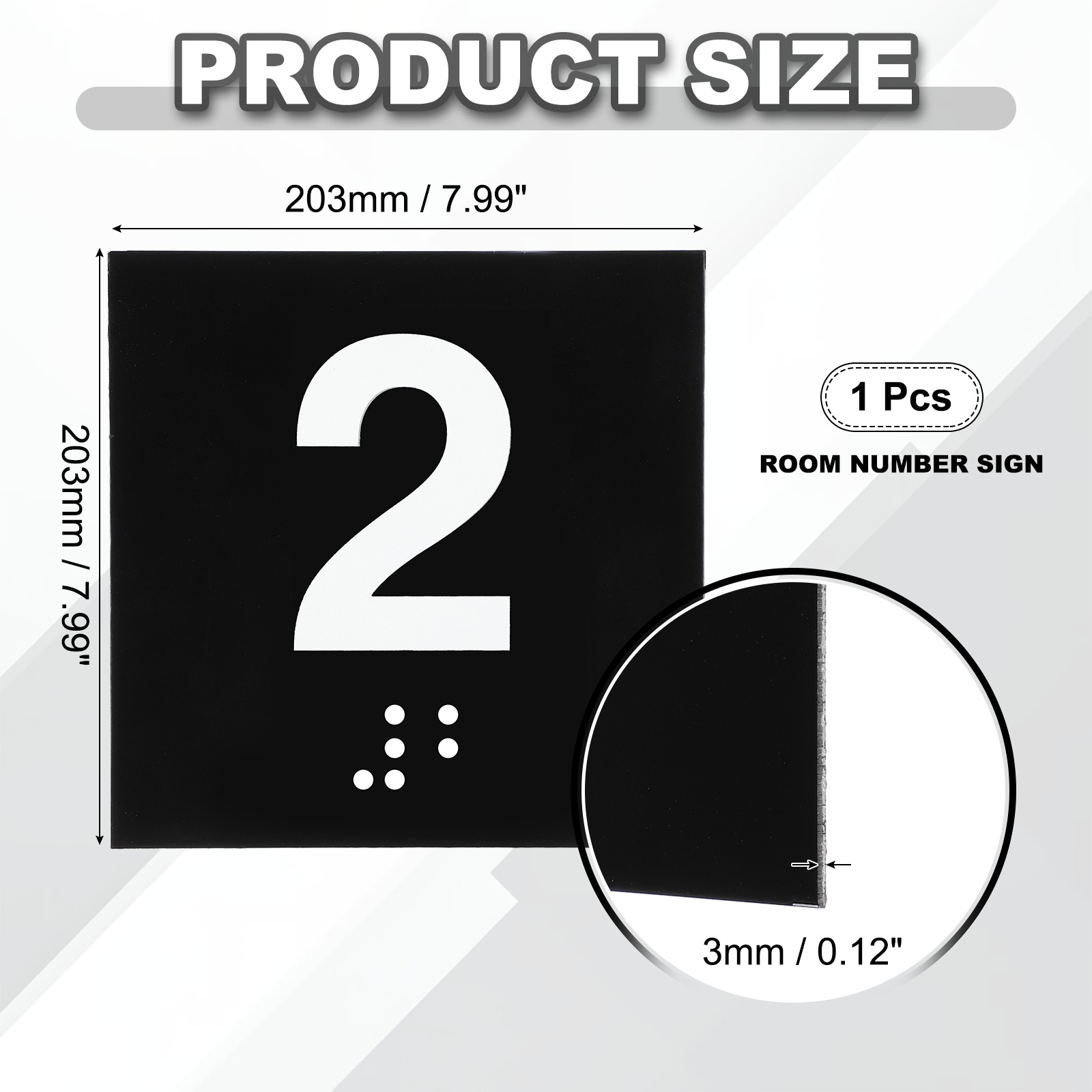 Exam Room Number Sign, 8″ x 8″ Number 2 Sign with Braille, White on Black
