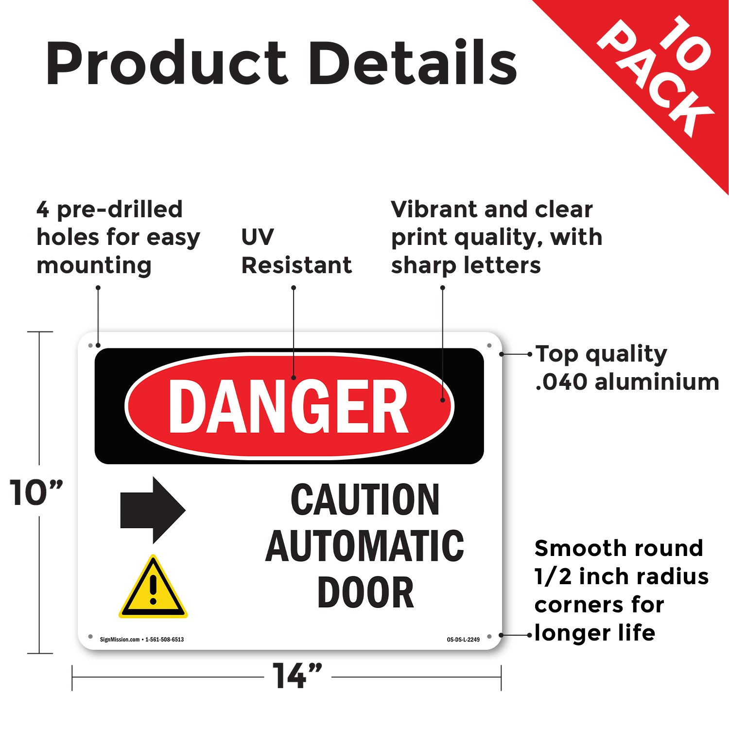 Caution Automatic Door [Right Arrow] OSHA Danger Sign Or Decal – 5 or 10 Pack