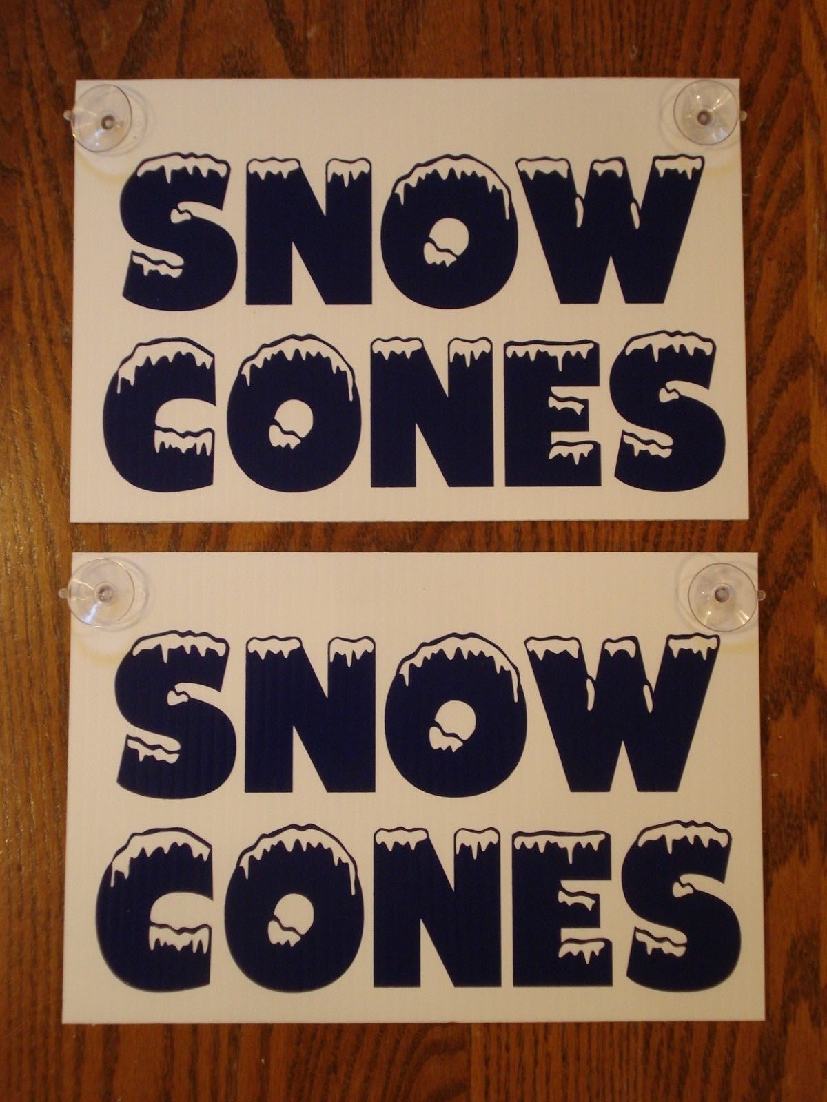 (2) SNOW CONES Plastic Coroplast Window SIGNS with Suction Cups 8″x12″