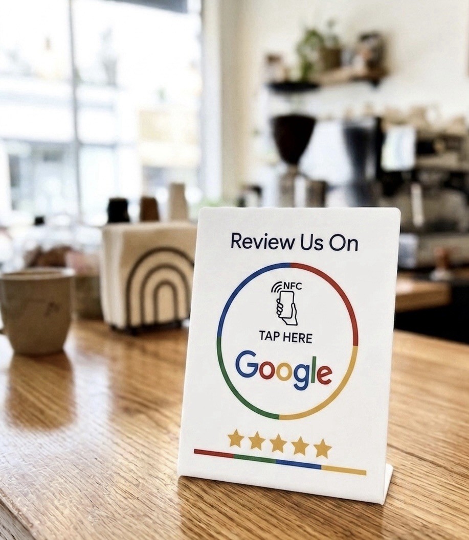 Google NFC Tap Here to leave a review Black Portable Countertop Review Display