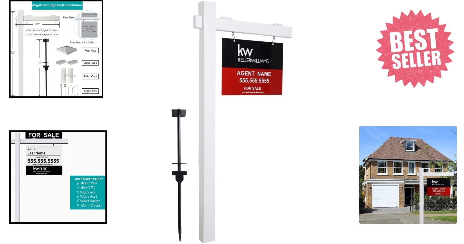 6-Foot Vinyl Real Estate Sign Post with 47″ Arm for Open Houses – Elegant White