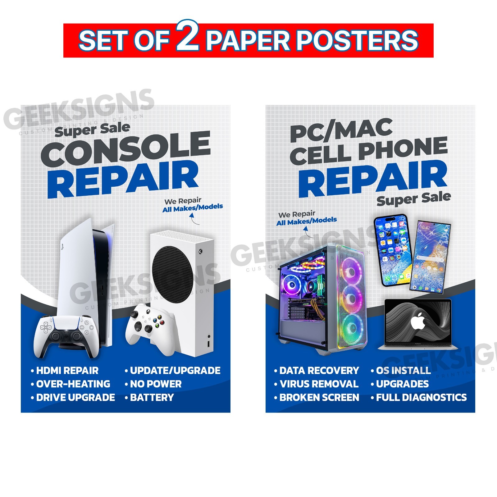 Set of 2 Repair Posters PC Mac Cell Phone Console Storefront Paper Signs 2x3ft