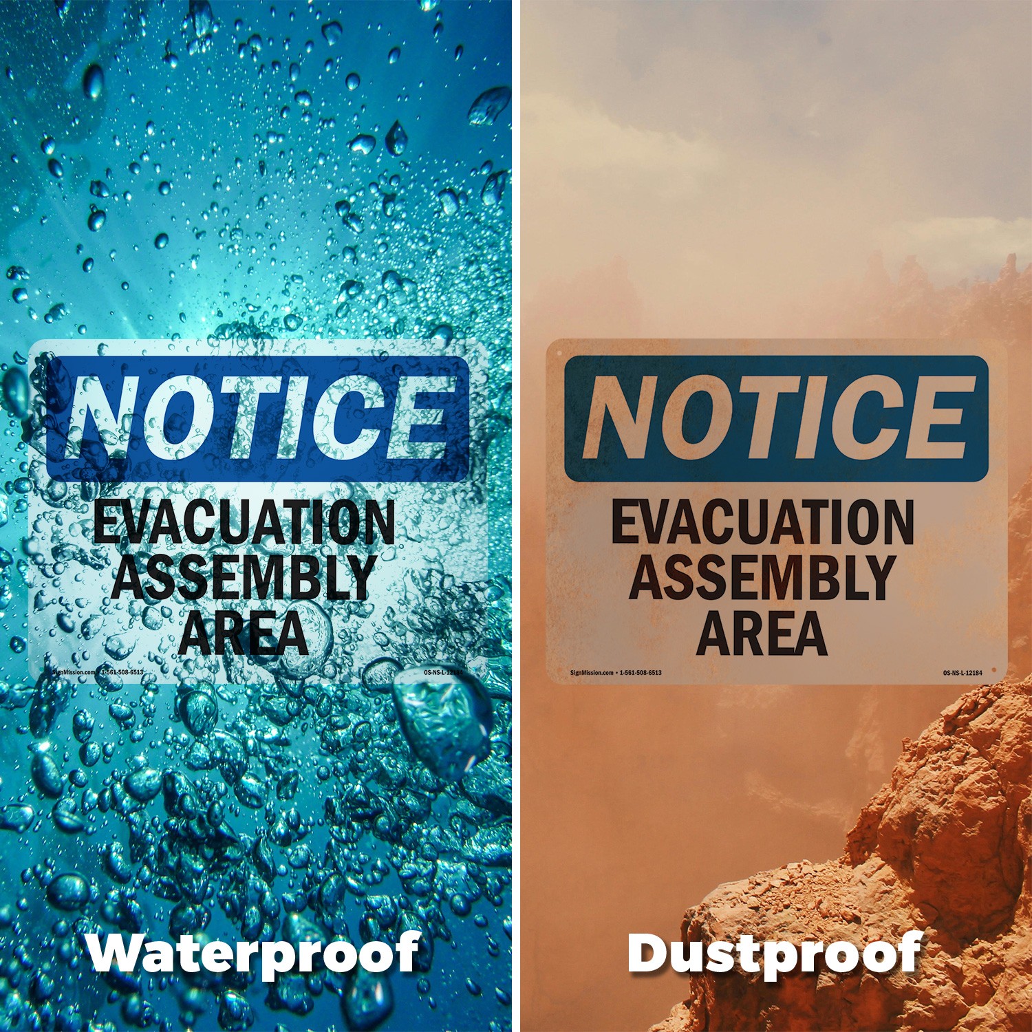 Evacuation Assembly Area OSHA Notice Sign Metal, Plastic, Decal – 5 or 10 Pack