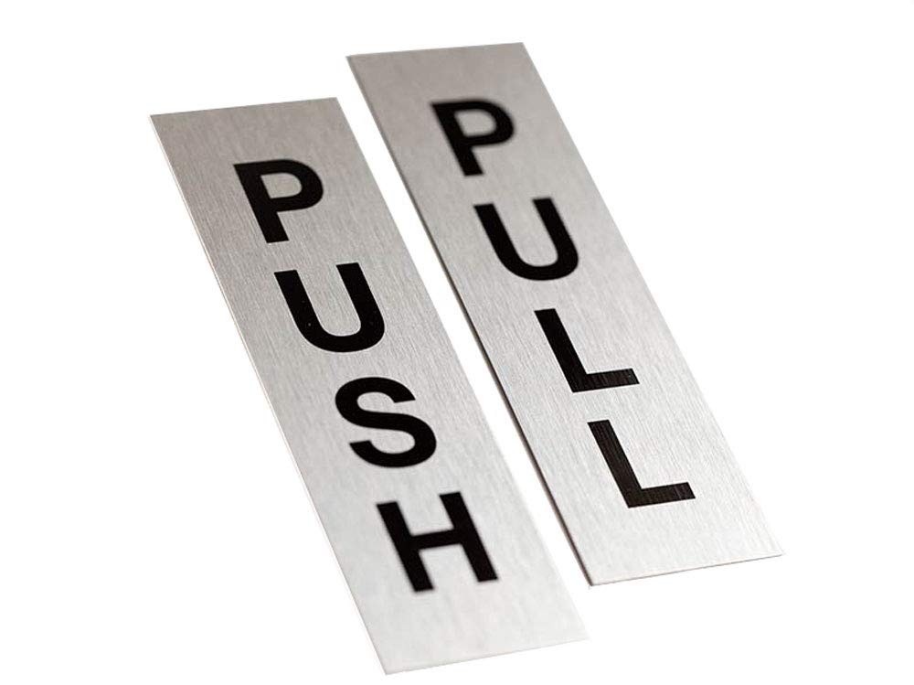 Metal Push Pull Door Signs | 1.5″ x 5″ Brushed Silver Aluminum, Set of 2 | Push