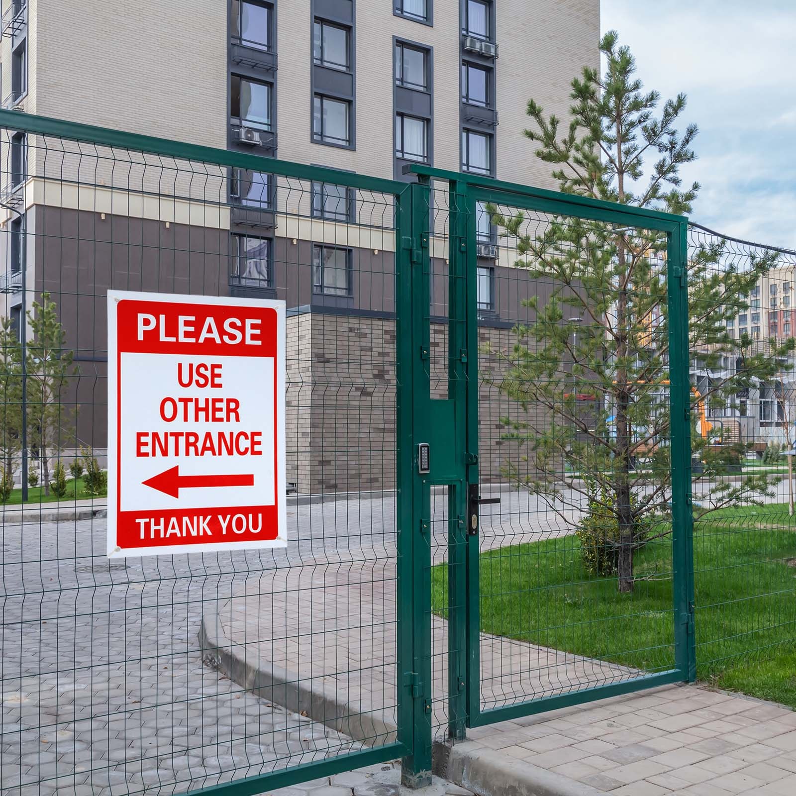 Please Use Other Entrance Sign, Right Arrow, Dark Green on Light Beige