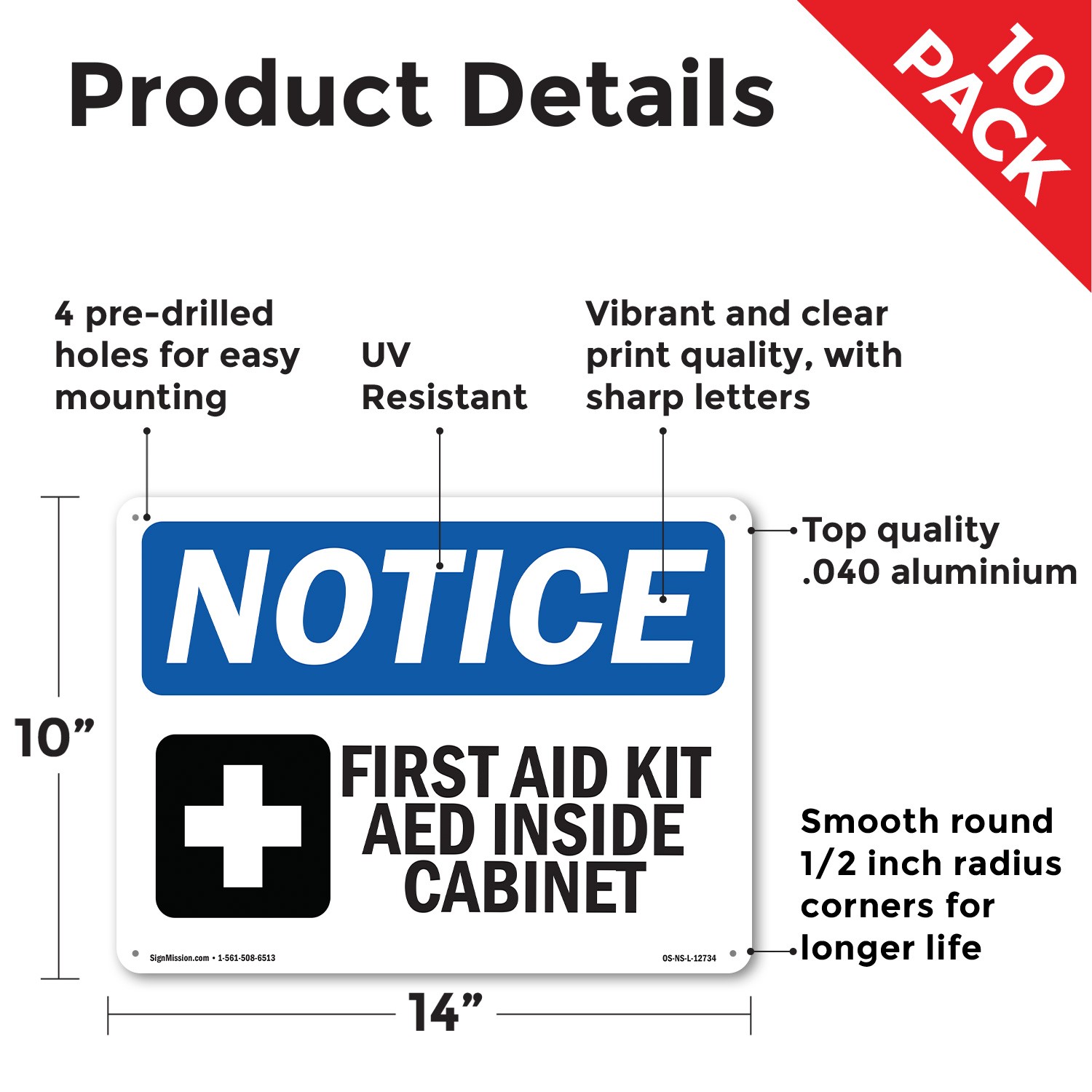 First Aid Kit AED Inside Cabinet OSHA Notice Sign Metal, Decal – 5 or 10 Pack