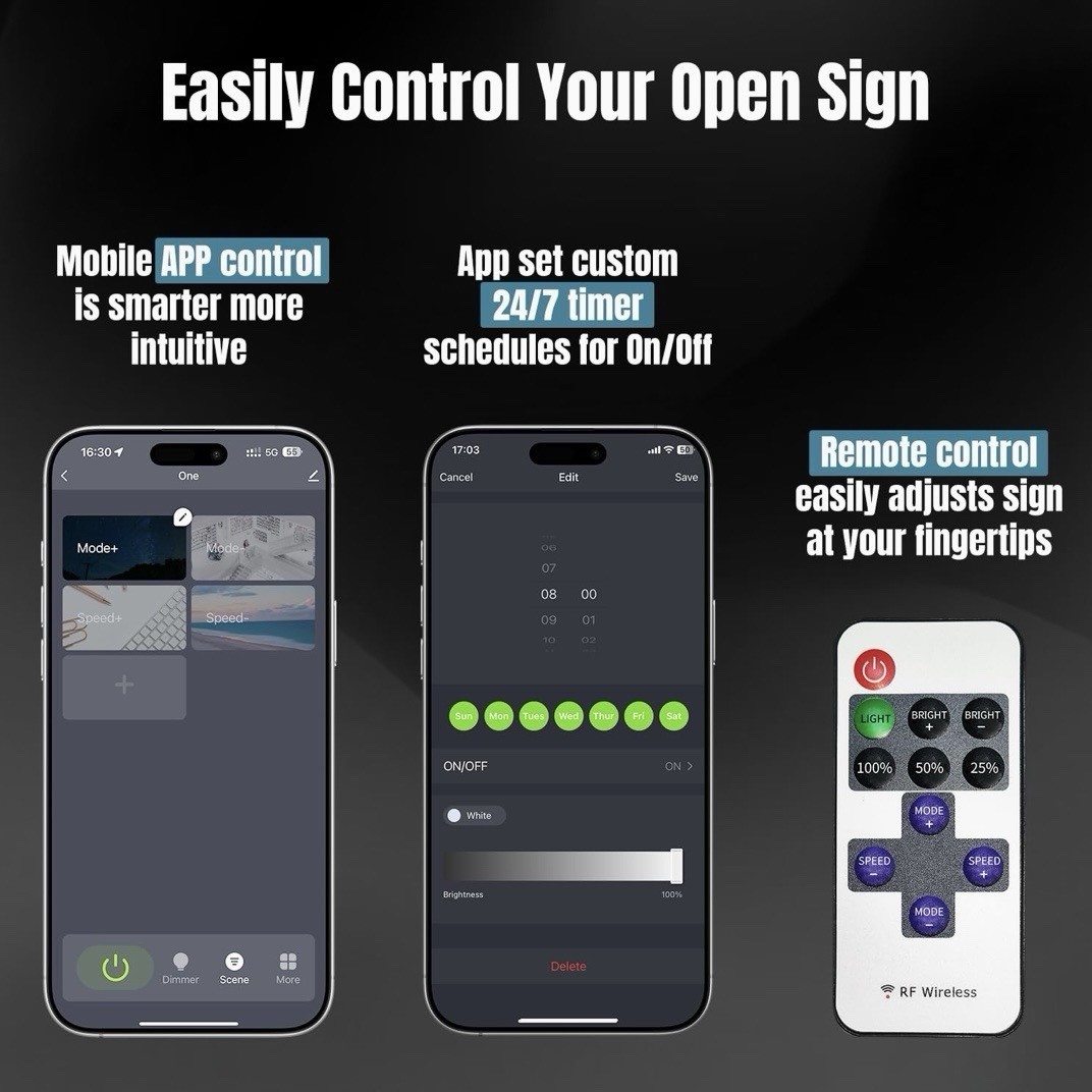 3D LED Open Sign, 37”X 12”, Timer Settings, Adjustable Brightness with 14 Modes