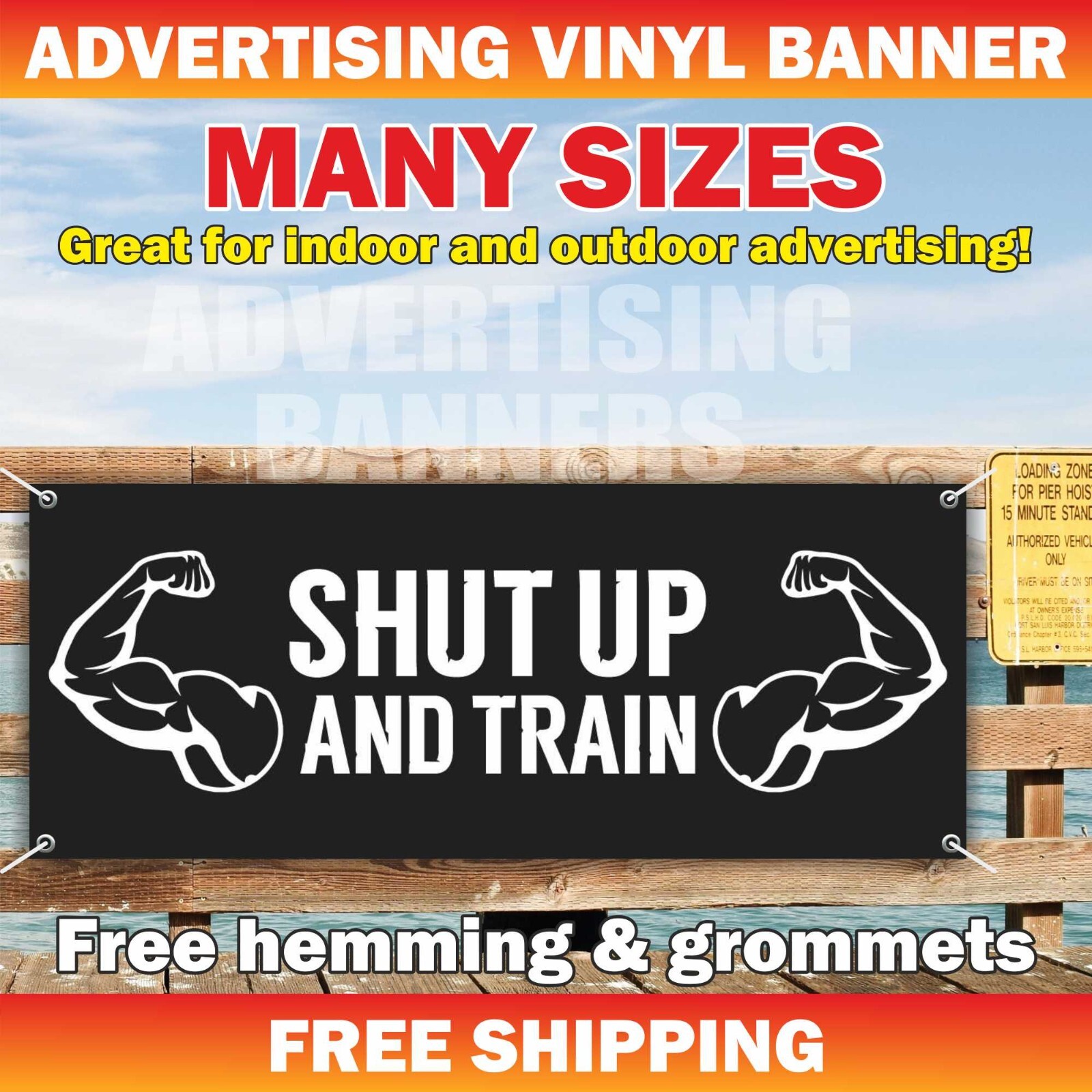 SHUT UP AND TRAIN Advertising Banner Vinyl Sign Motivation Poster Workout GYM