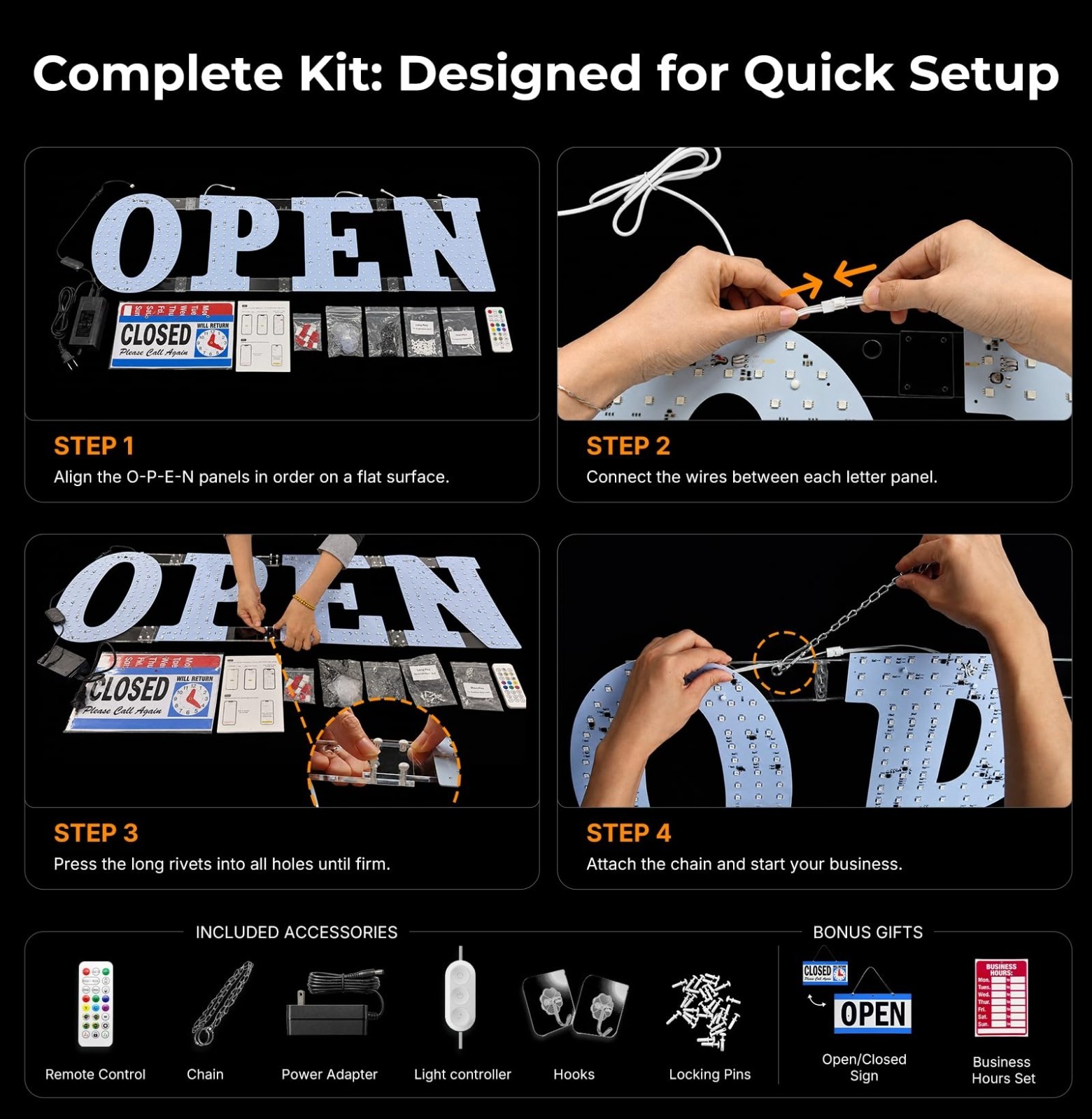 36″x12″ LED Open Sign – Smart App Control, Timer, Custom Colors & Brightness – H