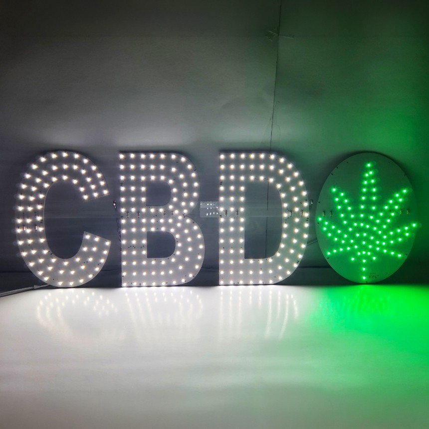 EPL Signs CBD LEAF White/Green LED Sign 10″x30″ Remote 3G Sparkling Mode
