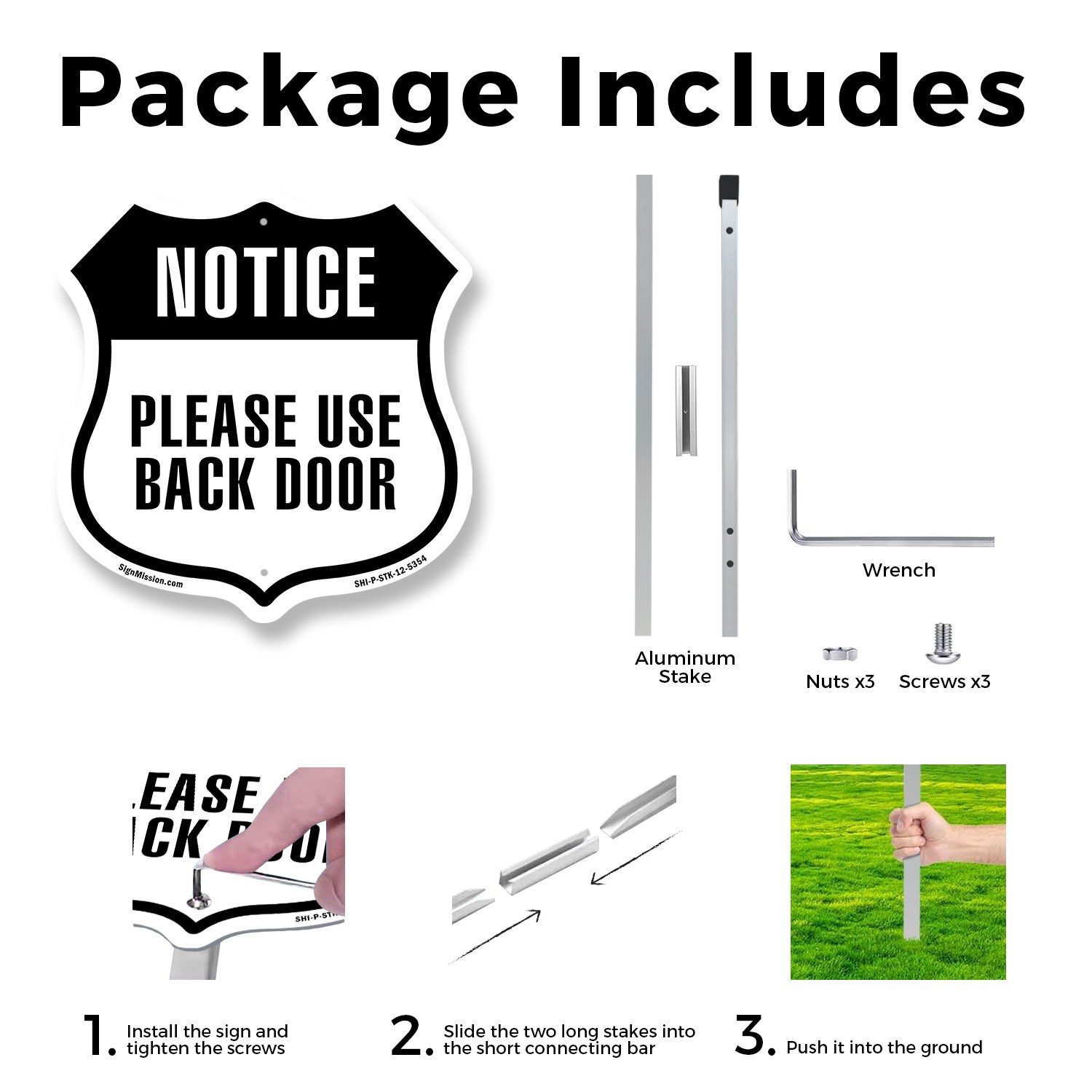 Notice Please Use Back Door Shield Shaped Sign With Stake Made in the USA